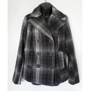 Plaid Wool Blend Old Navy Grey  Double Breasted Pea Coat Size M Dark Academia